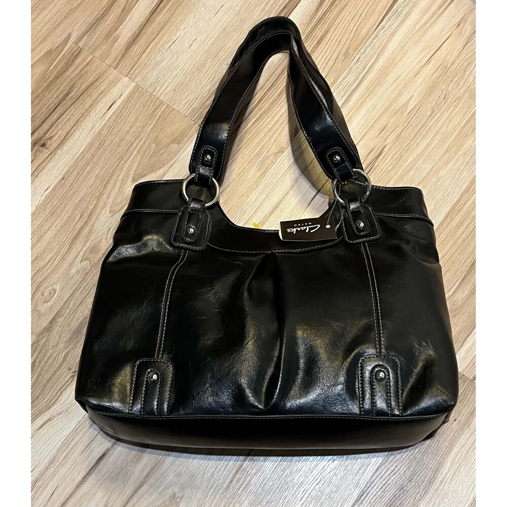 Clarks Black Faux Leather Shoulder Bag Hobo Tote PVC Silver O-Ring Y2K Style